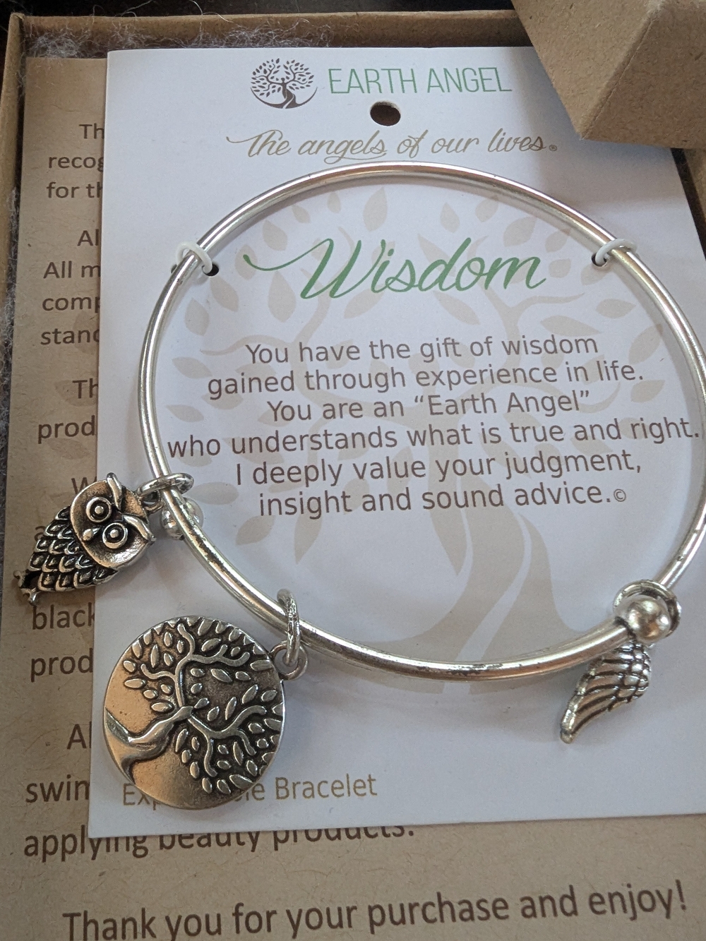 Earth Angel Silver Wisdom Charm Bangle Bracelet